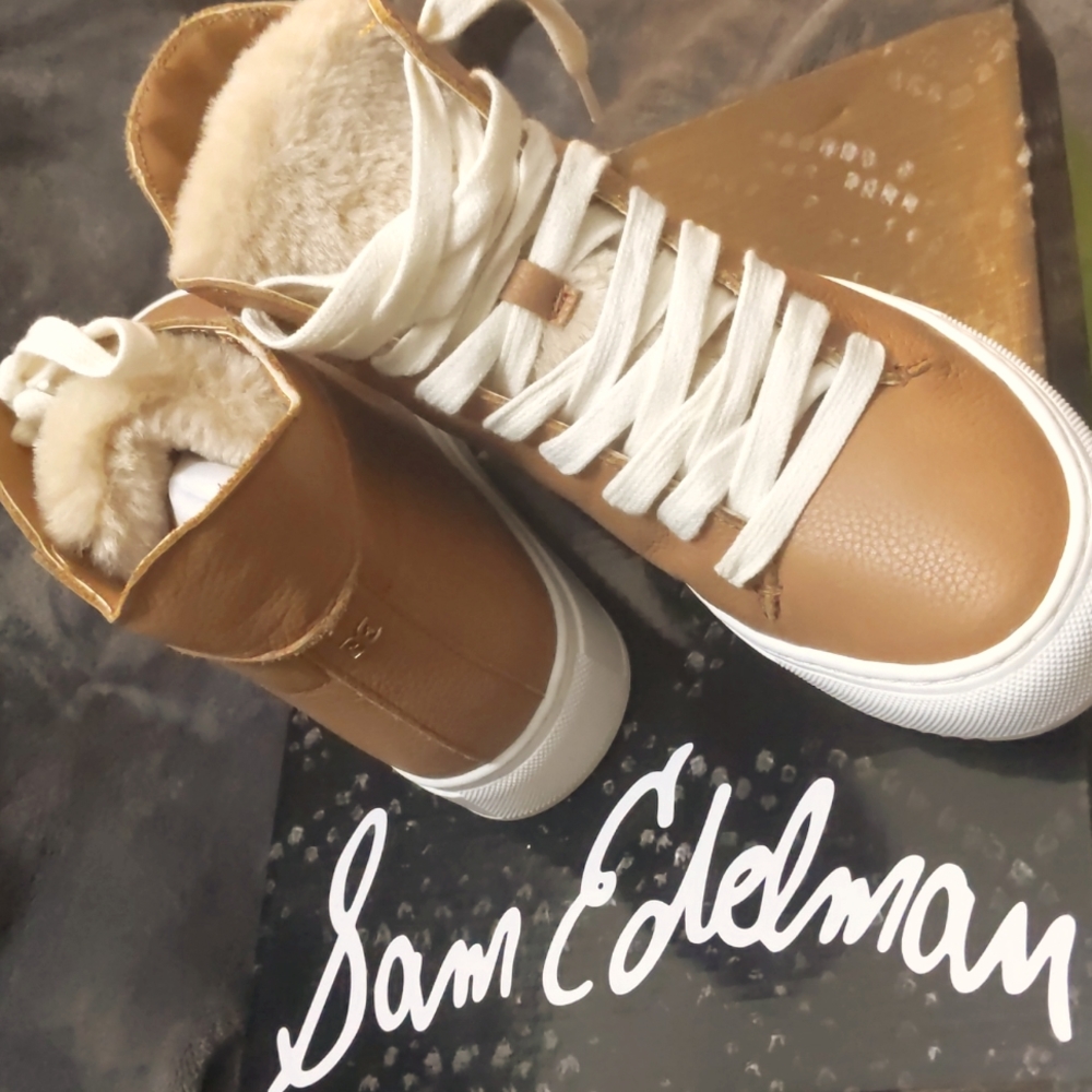 7.5 Sam Edelman Faux-Fur Trim Leather High-Top Sneakers
